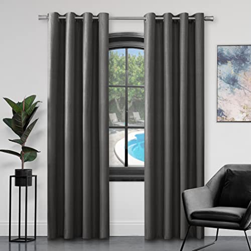GC GAVENO CAVAILIA Faux Silk Eyelet Curtains For Living Room, 100% Polyester Ring Top Fully Lined Drapes, Charcoal, 90x90 Inch