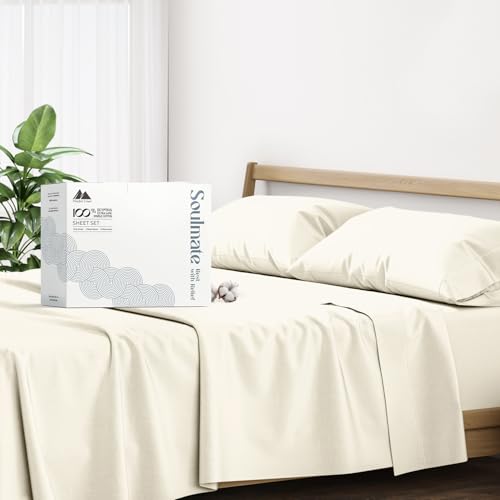 Mayfair Linen 500 Thread Count Cotton Sheet Ivory Twin XL Sheet Set,3-Piece Long-Staple Combed Sheets,Breathable,Soft Silky Sateen Weave Fits Mattress Upto 16'' Deep Pocket