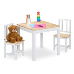 Relaxdays Kids Table & 2 Chairs Set, 3-Piece, Children's Room Seating, Playroom Furniture, Boys & Girls, White/Natural, Wood, Fibreboard, 51.5 x 57 x 57 cm