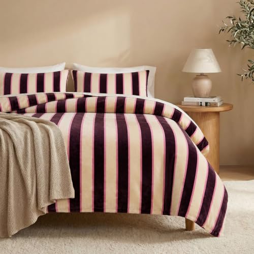 Bedbay King Comforter Set Brown Stripes Velvet Comforter King Modern Style Striped Beding with 2 Pillowcases Lightweight 3 Pcs Boho Bedding Quilt Farmhouse Striped Fluffy Bed Set