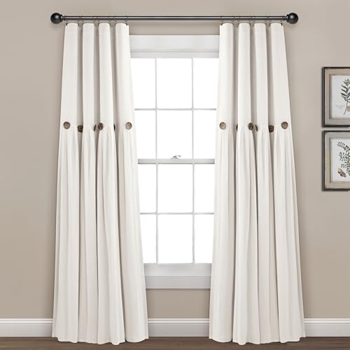 Lush Decor Linen Button 100% Lined Blackout Window Curtain Panel Off White Single 40X84