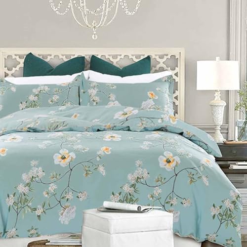 NANKO Teal Floral Duvet Cover King Size, 3pc Turquoise Aqua Farmhouse Flowers Botanical Pattern Printed Microfiber Comforter Cover Set, Soft and Lightweight Quilt Cover for Women 104x90 Inches