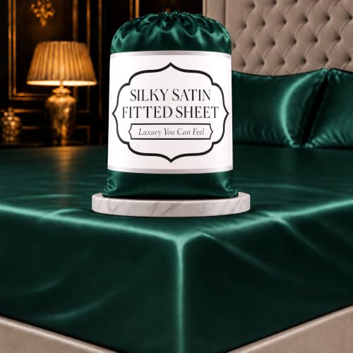 DECOLURE Satin Fitted Sheet Queen Size (1 PC) ??? Luxuriously Smooth & Softer than Silk Bed Sheets w/ 15 Inch Deep Pocket Hypoallergenic Wrinkle Free, Secure Snug Fit, Elastic Corner Straps (Dark Green)