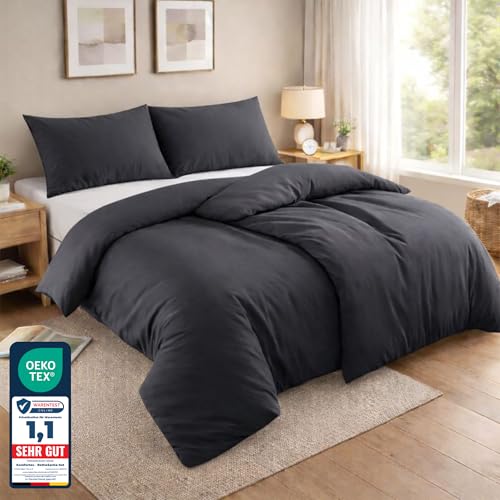 Komfortec Bed Linen 135 x 200 cm 4-Piece Bedding Sets 2 Duvet Covers 135 x 200 cm + 2 Pillowcases 80 x 80 cm Anthracite with Zip