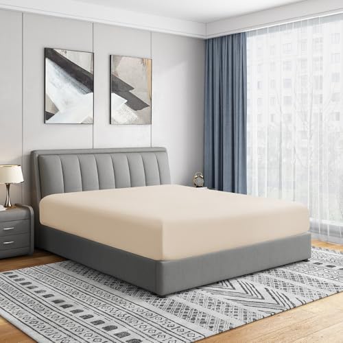 "Cathay Home Queen Fitted Sheet - Double Brushed Ultra Soft – Wrinkle & Fade Resistant - 14"" Standard Pocket Fitted Sheet Only - Good Fit for 12""-16"" Deep Mattress (Queen, Cream)"