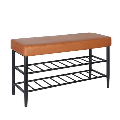 Relaxdays shoe bench, padded faux leather seat, 2 shoe shelves, holds 6 pairs of shoes, HWD 50x80x30 cm, brown