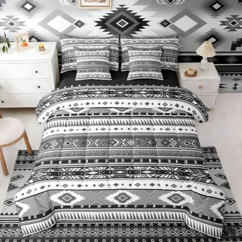Erosebridal White Grey Farmhouse Aztec Comforter Set Queen Size 7 Pieces - Bohemian Tribal Cowboy Bed in A Bag Southwestern Adults Geometric Bed Set Cowgirl Bedding