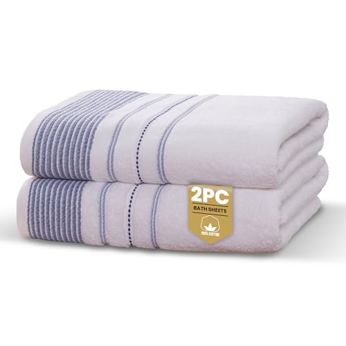 Rapport Home Dakota Stripe Bath Sheets 2 Pack - Blue 90x140cm - Luxurious 500GSM 100% Cotton - Oeko-Tex Certified Absorbent & Soft Bathroom Towels