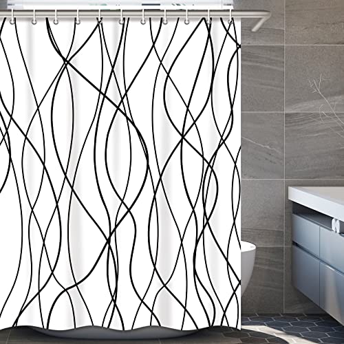 "Punkray Striped Shower Curtain with Hooks, Weighted Hem Shower Curtains Water Repellent Machine Washable, White Black, 72"" W x 78"" L"