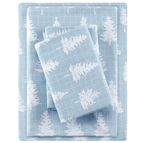 SLEEP PHILOSOPHY True North Cozy Flannel Warm 100% Cotton Sheet - Novelty Print Animals Stars Cute Ultra Soft Cold Weather Bedding Set, Queen, Blue Forest 4 Piece