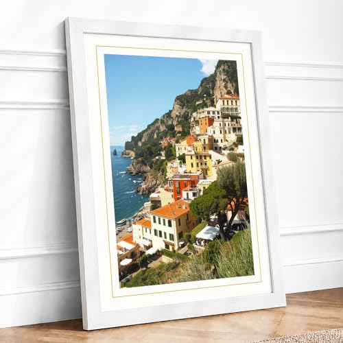 Clifftop Village on the Mediterranean Coastal Framed Print A4 White - Ready to Hang, Premium Gicl??e Paper, Fade-Resistant Inks, Securely Packaged, UK Made