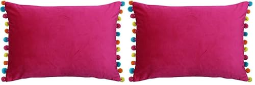 "Paoletti Riva Fiesta Rectangular Filled Cushion Multicoloured Pompom Edges-Soft Velvet Fabric-Discreet Zip Closure-100 Case (14"" x 20"" inches), Polyester, Hot Pink/Multi, 35 x 50cm (Pack of 2)"
