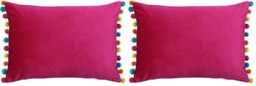 "Paoletti Riva Fiesta Rectangular Filled Cushion Multicoloured Pompom Edges-Soft Velvet Fabric-Discreet Zip Closure-100 Case (14"" x 20"" inches), Polyester, Hot Pink/Multi, 35 x 50cm (Pack of 2)"