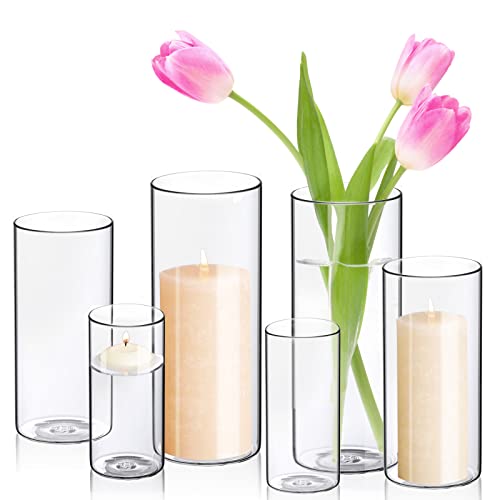 "WDHODEC Hurricane Candle Holders Cylinder Flower Vases, Pillar Votives Floating Candles Holder, Clear Glass Vase for Wedding Party Decoration 10"" 7.8"" 6"" Set of 6"