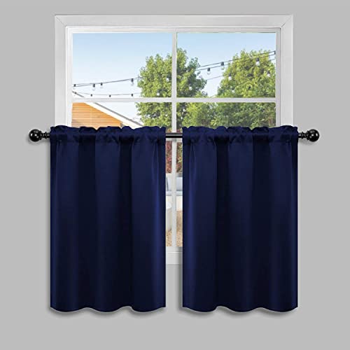"Pickluc Navy Blue Cafe Half Window Curtain, 36 Inches Length, Rod Pocket Small Kitchen Curtain, Short Blackout for Small Window, 30"" Wide and 36"" Long, 2 Panels"