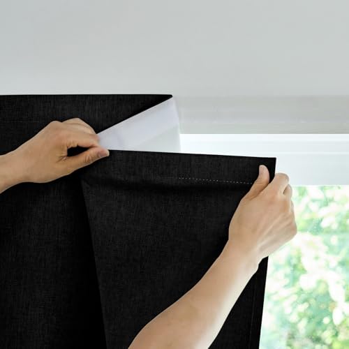 Jilron Adhesive Curtain,100% Blackout Curtains, No Drilling, Suitable for Multi-Scenes Privacy Protection (Black - W46 ?? L60 in)
