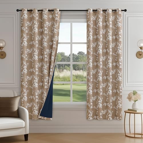 FMFUNCTEX 100% Blackout Floral Curtains for Bedroom, Taupe Curtains 63 inch Length Blossom Flower Patterned for Living Room, Thermal Insulated Farmhouse Drapes, Grommet Top 2 Panels (White on Tan)