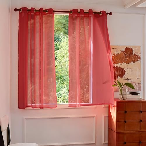 MISSTIAM Stripe Red Sheer Curtains 63 inch Length 2 Panels with Grommets Semi Transparant Curtains for Living Room Curtains for Bedroom Set of 2 pcs Sheer Curtains & Drapes Light Filtering Curtain