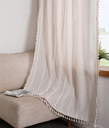 RoomTalks Boho Curtains for Bedroom Living Room 63 Inch Length Freanch Country Modern Farmhouse Window Curtain Panels Embroidery Striped Bohemian Tassel Draperies (63??????L x 52??????W, Beige)