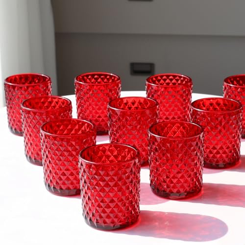 Woho 24pcs Tea Lights Candle Holder, Red Votive Candle Holders for Festival Table Centerpiece, Diamond Pattern Tealight Candle Holder Bulk for Christmas Home Decor