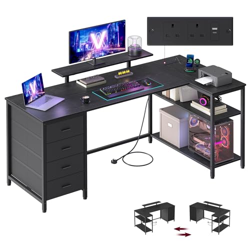 VASAGLE L Shaped Corner Desk with Power Outlets, Computer Gaming Desk with Storage, Reversible Layout, Adjustable Shelves, 4 Drawers, 2 USB Ports, Home Office, 160 x 80 cm, Ebony Black LWD173BE02