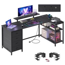 VASAGLE L Shaped Corner Desk with Power Outlets, Computer Gaming Desk with Storage, Reversible Layout, Adjustable Shelves, 4 Drawers, 2 USB Ports, Home Office, 160 x 80 cm, Ebony Black LWD173BE02