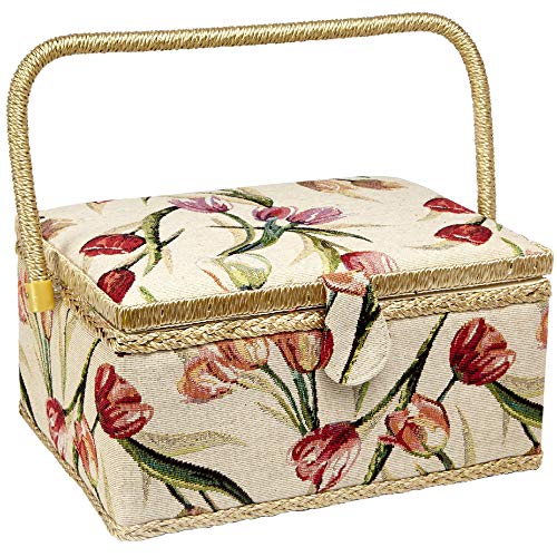 "Sewing Basket with Tulip Floral Print Design- Sewing Kit Storage Box with Removable Tray, Built-In Pin Cushion and Interior Pocket - Large - 12"" x 9"" x 6"" - by Adolfo Design"
