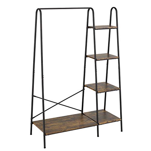 Finnhomy Rustic Clothes Rack, Clothing Rack for Hanging Clothes Heavy Duty Garment Rack with 5 Wood Shelves Freestanding Portable Closet Organizer for Bedroom/Entryway/Boutiques???Matte Black