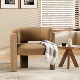 COLAMY Living Room Armchairs, Modern Velvet Accent Chair, Comfy Round Upholstered Arm Chair with 3 Legs, Single Sofa Chair with Lounge Seat for Bedroom/Office/Reading Spaces (Khaki, Set of 1)