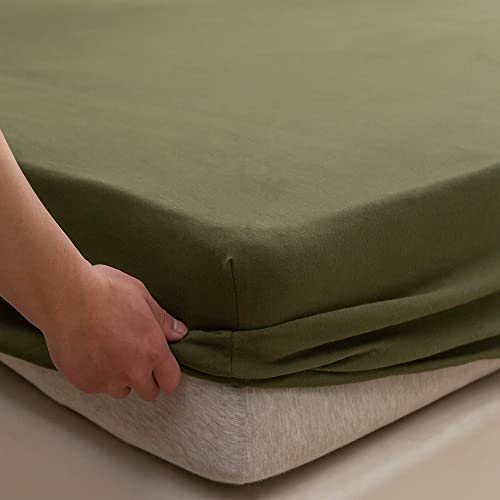 "PURE ERA Jersey Knit Cotton Fitted Bottom Sheet ONLY (No Flat Sheet or Shams) Deep Pocket Up to 15"" to 20"" Ultra Soft Comfy Breathable Olive Green Queen"