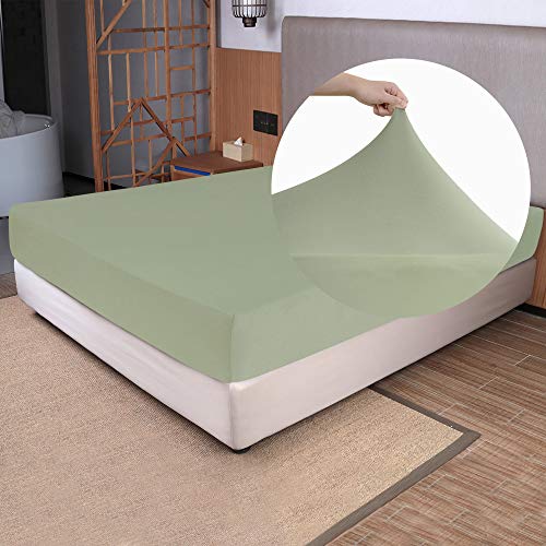 "Full Size Fitted Sheet Only - 4-Way Stretch Jersey Knit, T-Shirt Feeling & Ultra Soft, Wrinkle Free, Non-Slip & Snug Fit for Mattress (Deep: 5""-16"") - Sage Green, Full"