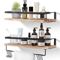 Uten Floating Shelves Wall Mounted Shelf, Light Brown Wood Wall Shelves, Wooden Shelves Set Spirit Level, Towel Bar 8 Hooks for Bedroom, Bathroom, Living Room, Kitchen, Office