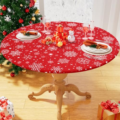 "Homing Round Fabric Fitted Tablecloth, Elastic Waterproof Oil Proof Table Cloth, Washable Polyester Table Cover Fits 45""-56"" Round Tables for Outdoor Picnic Dinner, Snowflakes"