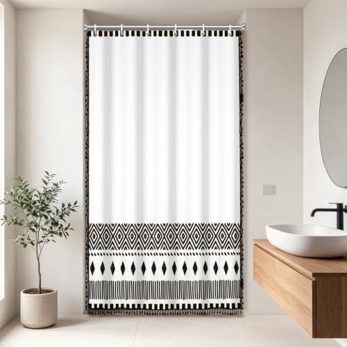 AOFOTO Bohemian Shower Curtain Tassel Boho Black and White Striped Geometric Pattern Shower Curtains for Bathroom Waterproof Bath Curtain Sets with Hooks Bathroom Home Decor 36x72 Inches