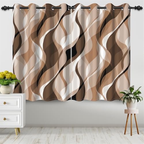 DORCEV Brown Blackout Window Curtains for Living Room Bedroom Decor Coffee Tan Abstract Geometric Wave Lines Window Drapes Modern Minimalist Kitchen Patio Window Treatments,53x63 inch,2 Panels