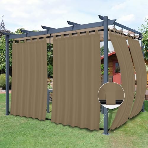 Easy-Going Outdoor Patio Curtains Detachable Tab Top Windproof Weatherproof Curtain for Cabana, Porch, Pergola and Gazebo, Tab Bottom Drape, 2 Panels, 54W x 120L inch, Khaki