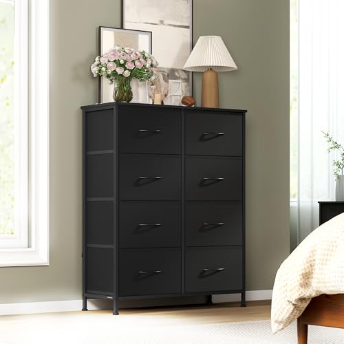 SONGMICS Chest of Drawers, 8 Fabric Drawers Storage Unit, Steel, MDF, Non-Woven Fabric, for Bedroom, Closet, Hallway, Living Room, Ink Black and Ebony Black LGS124BH03