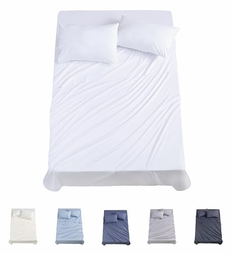 Todocama 4-Piece Bed Sheet Set – 3001 – Fitted Sheet – Top Sheet – Two Pillowcases 50 x 80 cm (Bed 180 x 190/200 cm, White)