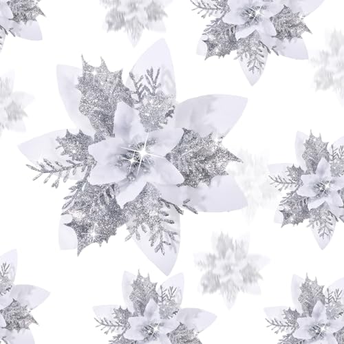 Geosar 24 Christmas Glitter Artificial Poinsettia Flowers Xmas Poinsettia Artificial Wedding Flowers Decorations Xmas Tree Ornaments with Clips for Party Favors, 6 Inch, 4 Inch, 3 Inch (White)