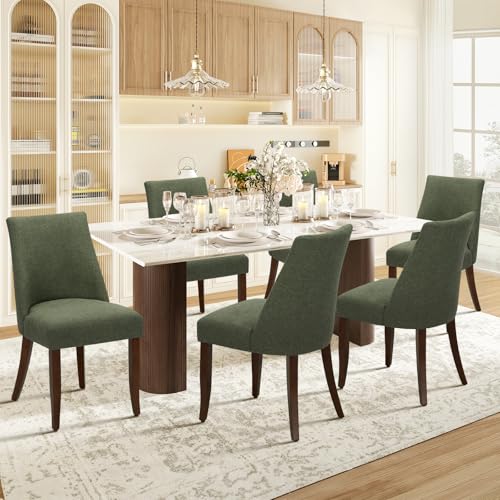 COLAMY Upholstered Dining Chairs Set of 6, Linen Fabric Parsons Dining Room Chairs with Curved Backrest, Solid Rubber Wood Legs, 13cm Thick Padded Seat, Kitchen & Living Room Chairs,Green