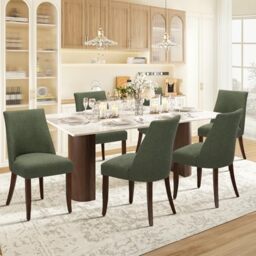 COLAMY Upholstered Dining Chairs Set of 6, Linen Fabric Parsons Dining Room Chairs with Curved Backrest, Solid Rubber Wood Legs, 13cm Thick Padded Seat, Kitchen & Living Room Chairs,Green
