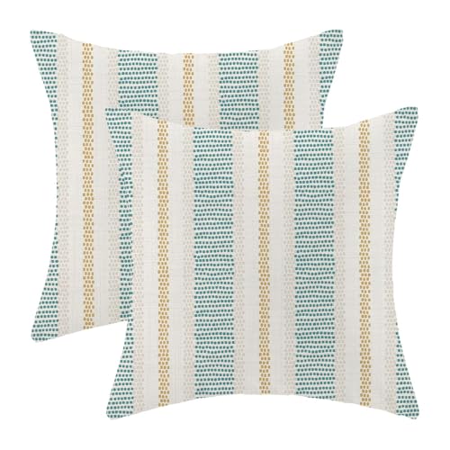 Aqua Teal Mustard Yellow Outdoor Pillow Covers 24 x 24 Inch, Beige Polka Dots Striped Decor Throw Pillows for Couch Bed, Boho Modern Farmhouse Decorative Pillowcase Linen Cushion Cover Set of 2