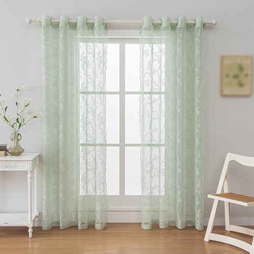 Anytime Green Lace Sheer Curtain Panels for Living Room Elegant Window Treatment Sets Light Filtering Translucent Draperies for Office (2 Panels,W55 x L72inch)