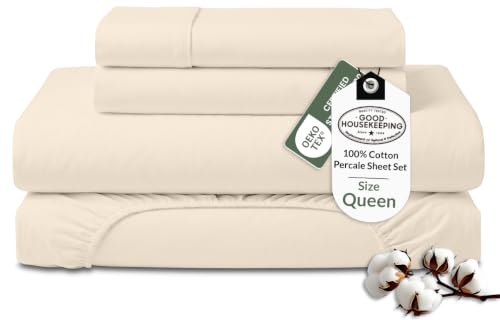 ROYALE LINENS 100% Organic Cotton Queen Sheet Set - Percale Weave - 4 Pieces Set - 1 Flat, 1 Deep Pocket Fitted Sheet and 2 Pillowcases - Cream Bed Sheets - S??banas Queen - Crisp Cool (Cream)