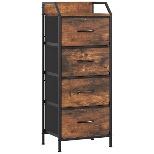 Feonase 4-Drawer Chest of Drawers with Metal Frame & Top Back Panel – Modern Fabric Storage Cabinet for Bedroom, Living Room, Small Spaces (43x30x97cm, Rustic Brown)