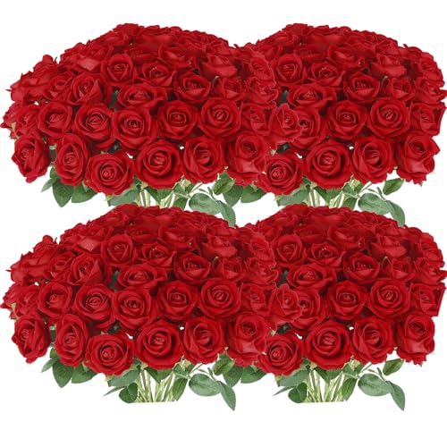 Hananona Artificial Roses in Bulk, Fake Silk Roses Realistic Roses for Wedding Centerpieces Flower Arrangement Home Decor (100, Red)