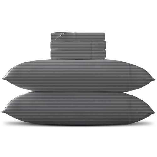 "Pure Egyptian Split King Size Cotton Duvet Cover Set (Split King, 600 Thread Count), Dark Grey Flat Sheet and Pillowcases (4 Pieces),Satin Fabric Flat Sheet,18"" Deep Pocket"
