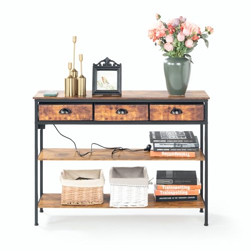 HOMYLIN 3-Tier Console Tables Side,Industrial Console Table with 3 Drawers & Power Strip – Slim Sofa Table for Living Room, Hallway, Entryway – Sturdy MDF Top & Black Iron Frame, Adjustable Feet, Plug
