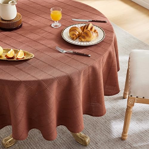 ZeeMart Linen Checked Round Table Cloth 52 Inch Terracota - 3D Grid Jacquard Texture, Smooth Edge Draping, Water???Resistant Coating, Easy???Clean Decorative Dining Table Cover