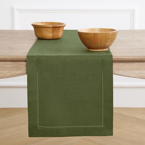Solino Home 100% Pure Linen Table Runner ??? 14 x 72 Inch Olive Table Runner for Fall, Thanksgiving, Christmas ??? Machine Washable and Handcrafted from European Flax ??? Classic Hemstitch